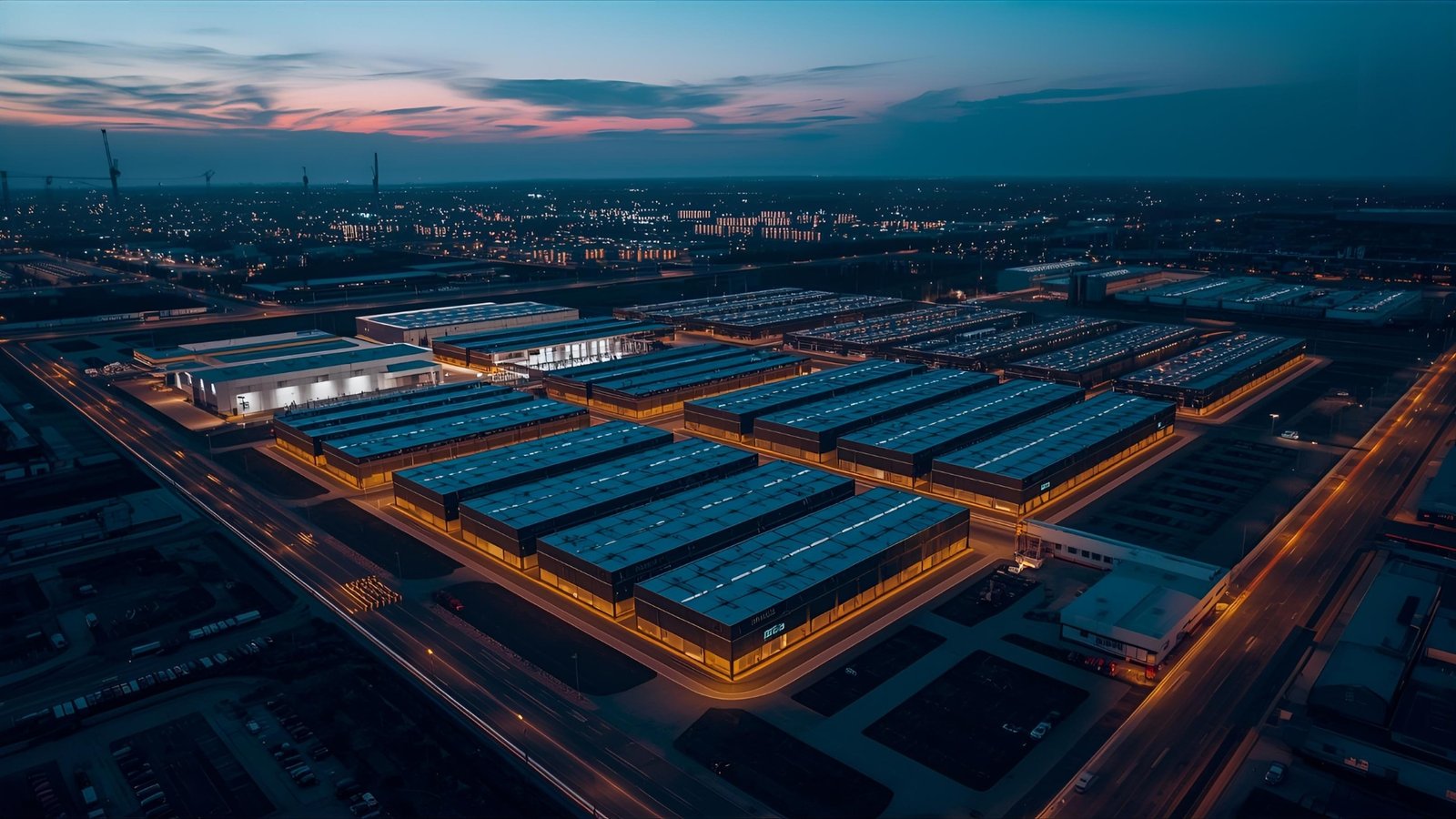 Aerial shot of a hyperscale data center campus at dusk