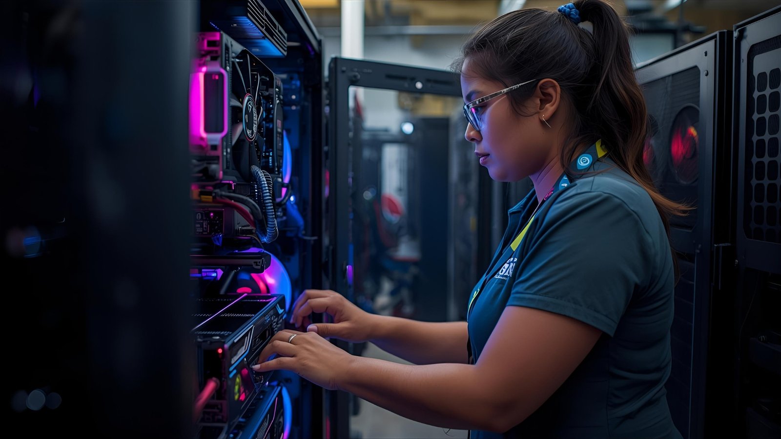 Engineers installing liquid‑cooled GPU racks