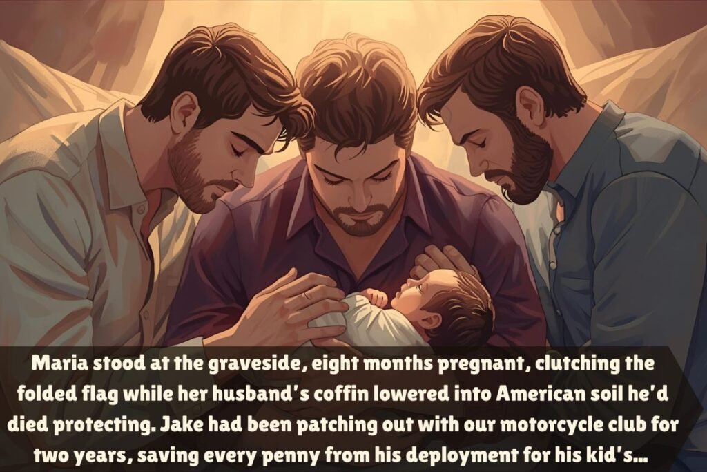 Maria stood at the graveside, eight months pregnant, clutching the folded flag while her husband’s coffin lowered into American soil he’d died protecting. Jake had been patching out with our motorcycle club for two years, saving every penny from his deployment for his kid’s college fund, sending videos from base camp wearing his Army uniform with our club patch tucked in his pocket. Memorial merchandiseMotorcycle clothing The Red Cross notification came during our Thursday meeting – roadside IED, died saving three civilians, hero’s death, body coming home. Little Tommy went home and told his parents that Connor’s dad was a hero. And Connor’s uncles were the coolest people he’d ever met. The real test came when Connor hit thirteen. Angry at the world, furious about a father he’d never met, he lashed out at everyone. Including the club. “You’re not my family!” he screamed at Snake during a particularly bad fight. “My real dad is dead! You’re just a bunch of old bikers playing pretend!” Lesser men would’ve walked away. Been hurt. Given up. Snake just sat on the porch and waited. Three hours later, Connor came out, eyes red from crying. “I’m sorry,” the teenager whispered. “Your dad used to have a temper too,” Snake said. “Punched me once when he was frustrated. Good right hook.” “Really?” “Really. You’re his son, alright. The anger, the passion, the way you protect your mom. That’s all Jake.” Connor sat beside him. “Tell me about him. The real stuff. Not the hero stuff.” So Snake did. How Jake couldn’t cook but tried anyway. How he cried during dog movies. How he was scared of spiders but would never admit it. How he spent three months learning to braid hair so he could help with his future daughter if he had one. “He wasn’t perfect,” Snake said. “But he loved you before you even existed. And he made us promise to love you when he couldn’t.” “Is that why you all stayed?” Connor asked. “We stayed because you’re family. Has nothing to do with promises.” Connor’s sixteenth birthday changed everything. Maria had saved for years, the bikers had all contributed, and together they’d bought something special. When Connor walked into the garage, there it was – Jake’s dream bike, the one he’d been building before deployment, now complete. “Your dad started this,” Snake explained. “We finished it. It’s yours when you’re ready.” Connor ran his hand over the tank, where Jake had painted “For My Son” before he left. “Will you teach me to ride?” Connor asked. Forty-seven voices answered: “Yes.” The teaching was meticulous. Every safety protocol. Every maintenance requirement. Every piece of wisdom earned through decades of riding. Connor wasn’t just learning to ride; he was inheriting a legacy. His first solo ride, every member followed at a distance. When he stopped at the cemetery and sat by Jake’s grave, they waited in the parking lot. When he came back, eyes red but smiling, Snake handed him something. A vest. Not a full member’s vest – Connor was too young. But a prospect vest with a special patch: “Jake’s Son.” “You earn your way in like everyone else,” Snake said. “But that patch stays forever.” The night Connor graduated high school, Maria found Snake sitting alone at the celebration, tears streaming down his weathered face. “He’s going to college,” the old biker said. “Jake’s boy is going to college. We did it. We kept the promise.” “You did more than keep a promise,” Maria said. “You gave him forty-seven fathers.” “He gave us purpose,” Snake corrected. “After Jake died, we could’ve just mourned. Instead, we got to raise a warrior’s son. Got to see Jake in his eyes every day. That boy saved us as much as we saved him.” Connor’s college acceptance letter came with a scholarship – the Jake Morrison Memorial Scholarship, funded entirely by motorcycle clubs across the country who’d heard the story. “We’ll be there,” he said. “All of us.” Forty-seven old bikers, one young man, and a baby named Jake showed up at that funeral. Snake, leaning heavily on his cane, made the same promise he’d made twenty-six years ago: “He never got to hold his child. But we will.” The promise continues. The legacy endures. And somewhere, Jake is riding with his brothers, knowing his son became the man he’d dreamed of. All because forty-seven bikers decided that “brother” means forever. Even after death. Especially after death. That’s what brotherhood means. That’s what family is. And that’s why Connor still rides, with forty-seven fathers behind him and one watching from above, proving every day that love doesn’t die. It multiplies. It rides on. Forever.