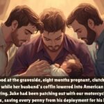 Maria stood at the graveside, eight months pregnant, clutching the folded flag while her husband’s coffin lowered into American soil he’d died protecting. Jake had been patching out with our motorcycle club for two years, saving every penny from his deployment for his kid’s college fund, sending videos from base camp wearing his Army uniform with our club patch tucked in his pocket. Memorial merchandiseMotorcycle clothing The Red Cross notification came during our Thursday meeting – roadside IED, died saving three civilians, hero’s death, body coming home. Little Tommy went home and told his parents that Connor’s dad was a hero. And Connor’s uncles were the coolest people he’d ever met. The real test came when Connor hit thirteen. Angry at the world, furious about a father he’d never met, he lashed out at everyone. Including the club. “You’re not my family!” he screamed at Snake during a particularly bad fight. “My real dad is dead! You’re just a bunch of old bikers playing pretend!” Lesser men would’ve walked away. Been hurt. Given up. Snake just sat on the porch and waited. Three hours later, Connor came out, eyes red from crying. “I’m sorry,” the teenager whispered. “Your dad used to have a temper too,” Snake said. “Punched me once when he was frustrated. Good right hook.” “Really?” “Really. You’re his son, alright. The anger, the passion, the way you protect your mom. That’s all Jake.” Connor sat beside him. “Tell me about him. The real stuff. Not the hero stuff.” So Snake did. How Jake couldn’t cook but tried anyway. How he cried during dog movies. How he was scared of spiders but would never admit it. How he spent three months learning to braid hair so he could help with his future daughter if he had one. “He wasn’t perfect,” Snake said. “But he loved you before you even existed. And he made us promise to love you when he couldn’t.” “Is that why you all stayed?” Connor asked. “We stayed because you’re family. Has nothing to do with promises.” Connor’s sixteenth birthday changed everything. Maria had saved for years, the bikers had all contributed, and together they’d bought something special. When Connor walked into the garage, there it was – Jake’s dream bike, the one he’d been building before deployment, now complete. “Your dad started this,” Snake explained. “We finished it. It’s yours when you’re ready.” Connor ran his hand over the tank, where Jake had painted “For My Son” before he left. “Will you teach me to ride?” Connor asked. Forty-seven voices answered: “Yes.” The teaching was meticulous. Every safety protocol. Every maintenance requirement. Every piece of wisdom earned through decades of riding. Connor wasn’t just learning to ride; he was inheriting a legacy. His first solo ride, every member followed at a distance. When he stopped at the cemetery and sat by Jake’s grave, they waited in the parking lot. When he came back, eyes red but smiling, Snake handed him something. A vest. Not a full member’s vest – Connor was too young. But a prospect vest with a special patch: “Jake’s Son.” “You earn your way in like everyone else,” Snake said. “But that patch stays forever.” The night Connor graduated high school, Maria found Snake sitting alone at the celebration, tears streaming down his weathered face. “He’s going to college,” the old biker said. “Jake’s boy is going to college. We did it. We kept the promise.” “You did more than keep a promise,” Maria said. “You gave him forty-seven fathers.” “He gave us purpose,” Snake corrected. “After Jake died, we could’ve just mourned. Instead, we got to raise a warrior’s son. Got to see Jake in his eyes every day. That boy saved us as much as we saved him.” Connor’s college acceptance letter came with a scholarship – the Jake Morrison Memorial Scholarship, funded entirely by motorcycle clubs across the country who’d heard the story. “We’ll be there,” he said. “All of us.” Forty-seven old bikers, one young man, and a baby named Jake showed up at that funeral. Snake, leaning heavily on his cane, made the same promise he’d made twenty-six years ago: “He never got to hold his child. But we will.” The promise continues. The legacy endures. And somewhere, Jake is riding with his brothers, knowing his son became the man he’d dreamed of. All because forty-seven bikers decided that “brother” means forever. Even after death. Especially after death. That’s what brotherhood means. That’s what family is. And that’s why Connor still rides, with forty-seven fathers behind him and one watching from above, proving every day that love doesn’t die. It multiplies. It rides on. Forever.