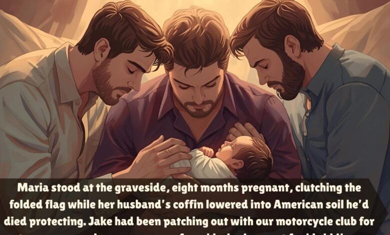 Maria stood at the graveside, eight months pregnant, clutching the folded flag while her husband’s coffin lowered into American soil he’d died protecting. Jake had been patching out with our motorcycle club for two years, saving every penny from his deployment for his kid’s college fund, sending videos from base camp wearing his Army uniform with our club patch tucked in his pocket. Memorial merchandiseMotorcycle clothing The Red Cross notification came during our Thursday meeting – roadside IED, died saving three civilians, hero’s death, body coming home. Little Tommy went home and told his parents that Connor’s dad was a hero. And Connor’s uncles were the coolest people he’d ever met. The real test came when Connor hit thirteen. Angry at the world, furious about a father he’d never met, he lashed out at everyone. Including the club. “You’re not my family!” he screamed at Snake during a particularly bad fight. “My real dad is dead! You’re just a bunch of old bikers playing pretend!” Lesser men would’ve walked away. Been hurt. Given up. Snake just sat on the porch and waited. Three hours later, Connor came out, eyes red from crying. “I’m sorry,” the teenager whispered. “Your dad used to have a temper too,” Snake said. “Punched me once when he was frustrated. Good right hook.” “Really?” “Really. You’re his son, alright. The anger, the passion, the way you protect your mom. That’s all Jake.” Connor sat beside him. “Tell me about him. The real stuff. Not the hero stuff.” So Snake did. How Jake couldn’t cook but tried anyway. How he cried during dog movies. How he was scared of spiders but would never admit it. How he spent three months learning to braid hair so he could help with his future daughter if he had one. “He wasn’t perfect,” Snake said. “But he loved you before you even existed. And he made us promise to love you when he couldn’t.” “Is that why you all stayed?” Connor asked. “We stayed because you’re family. Has nothing to do with promises.” Connor’s sixteenth birthday changed everything. Maria had saved for years, the bikers had all contributed, and together they’d bought something special. When Connor walked into the garage, there it was – Jake’s dream bike, the one he’d been building before deployment, now complete. “Your dad started this,” Snake explained. “We finished it. It’s yours when you’re ready.” Connor ran his hand over the tank, where Jake had painted “For My Son” before he left. “Will you teach me to ride?” Connor asked. Forty-seven voices answered: “Yes.” The teaching was meticulous. Every safety protocol. Every maintenance requirement. Every piece of wisdom earned through decades of riding. Connor wasn’t just learning to ride; he was inheriting a legacy. His first solo ride, every member followed at a distance. When he stopped at the cemetery and sat by Jake’s grave, they waited in the parking lot. When he came back, eyes red but smiling, Snake handed him something. A vest. Not a full member’s vest – Connor was too young. But a prospect vest with a special patch: “Jake’s Son.” “You earn your way in like everyone else,” Snake said. “But that patch stays forever.” The night Connor graduated high school, Maria found Snake sitting alone at the celebration, tears streaming down his weathered face. “He’s going to college,” the old biker said. “Jake’s boy is going to college. We did it. We kept the promise.” “You did more than keep a promise,” Maria said. “You gave him forty-seven fathers.” “He gave us purpose,” Snake corrected. “After Jake died, we could’ve just mourned. Instead, we got to raise a warrior’s son. Got to see Jake in his eyes every day. That boy saved us as much as we saved him.” Connor’s college acceptance letter came with a scholarship – the Jake Morrison Memorial Scholarship, funded entirely by motorcycle clubs across the country who’d heard the story. “We’ll be there,” he said. “All of us.” Forty-seven old bikers, one young man, and a baby named Jake showed up at that funeral. Snake, leaning heavily on his cane, made the same promise he’d made twenty-six years ago: “He never got to hold his child. But we will.” The promise continues. The legacy endures. And somewhere, Jake is riding with his brothers, knowing his son became the man he’d dreamed of. All because forty-seven bikers decided that “brother” means forever. Even after death. Especially after death. That’s what brotherhood means. That’s what family is. And that’s why Connor still rides, with forty-seven fathers behind him and one watching from above, proving every day that love doesn’t die. It multiplies. It rides on. Forever.