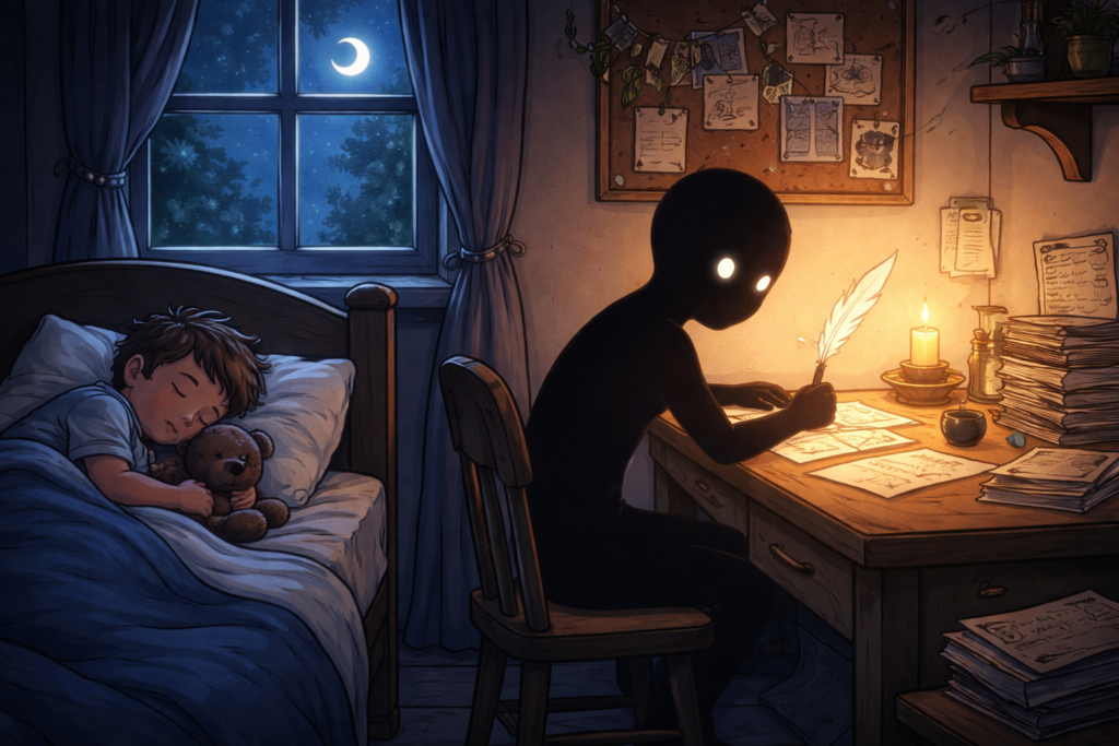 A boy discovers his shadow writes letters while he sleeps at night
