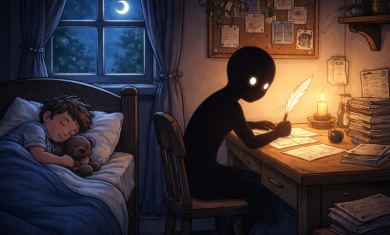 A boy discovers his shadow writes letters while he sleeps at night