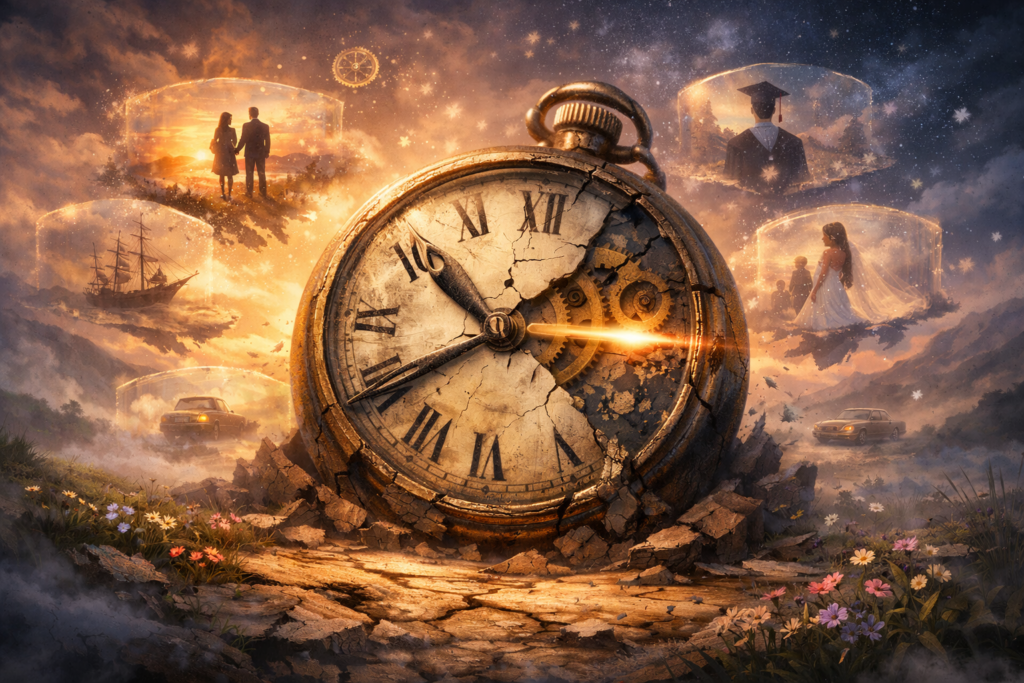 A broken watch starts counting moments that never happened