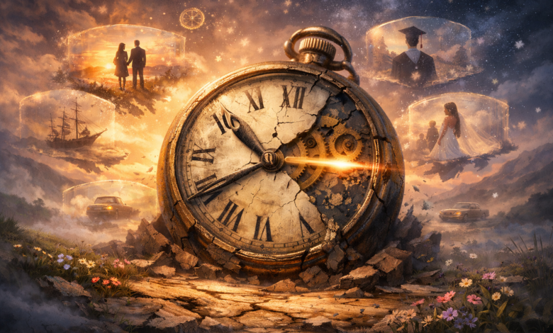 A broken watch starts counting moments that never happened