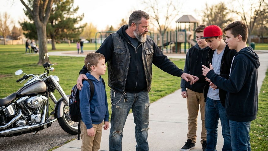 Biker Defends Boy With Hearing Aids From Cruel Bullies